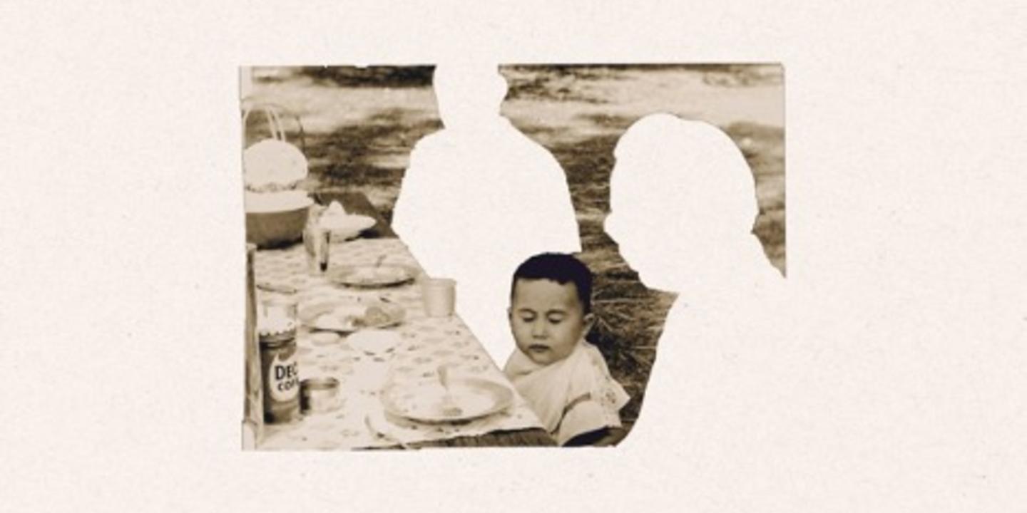 A stylized image showing a child sitting at a picnic table with both parents missing.