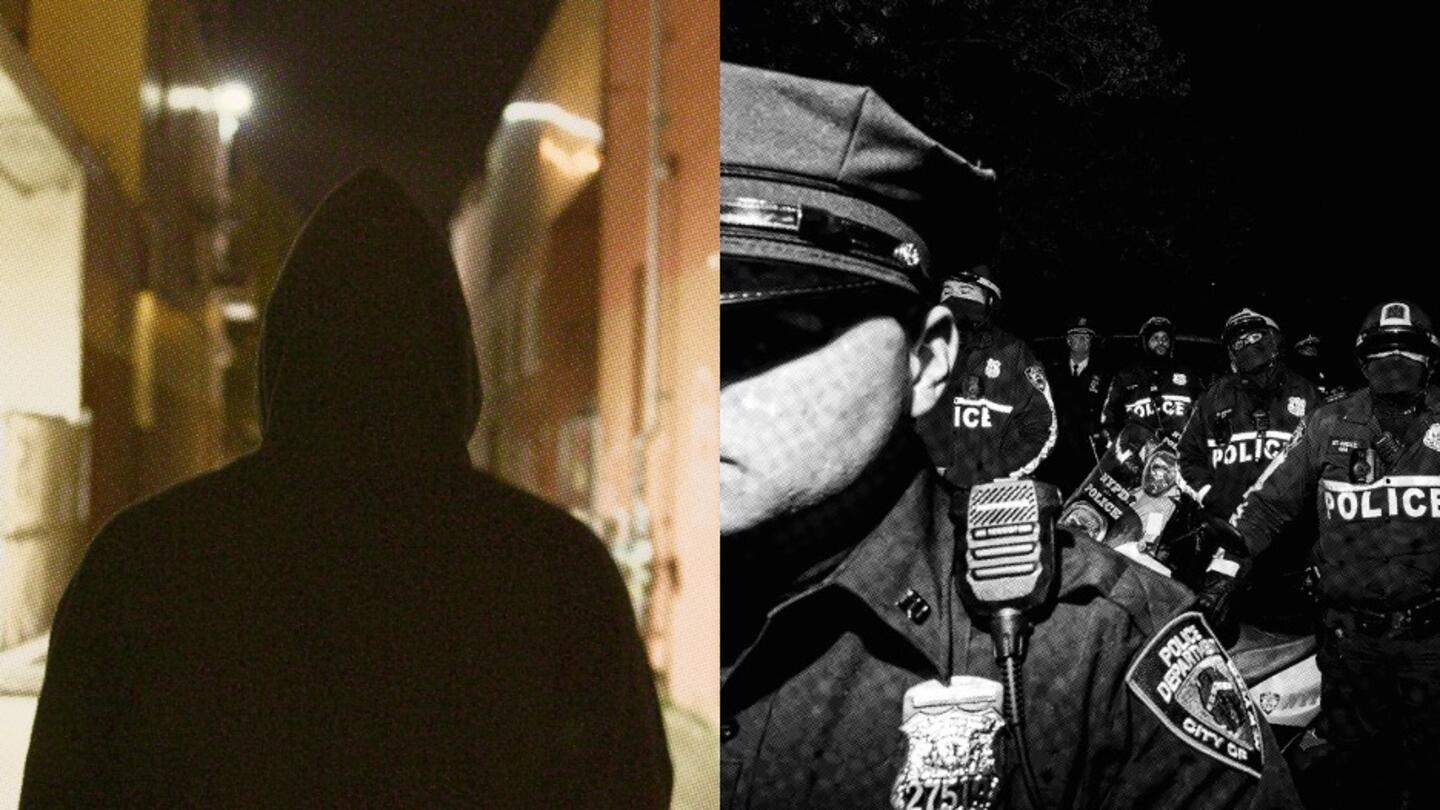 Collage of a person walking down a dark street and a police officer