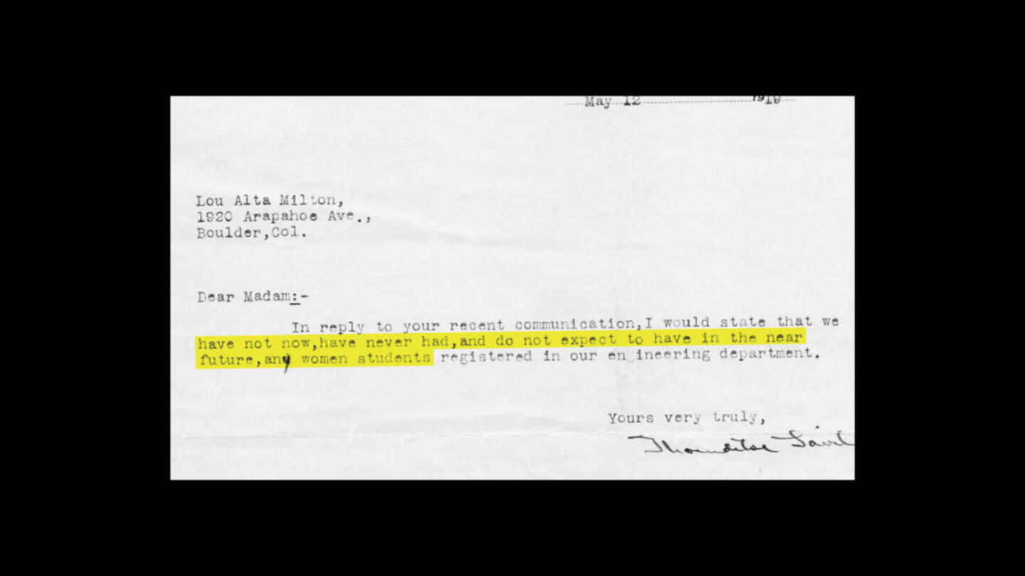 An excerpt from an old letter that reads, "we have not now, have never had, and do not expect to have in the near future, any women students..."