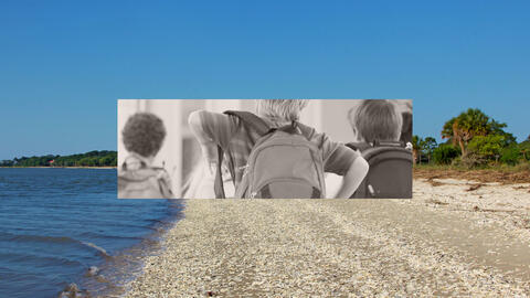 Beach background and children wearing backpacks.