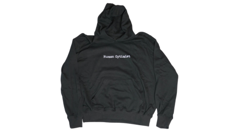 Black hoodie with HUMAN OPTIMIST printed on it