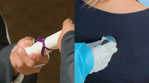 Split image: On the left, a person holds a rolled diploma tied with a purple ribbon. On the right, a medical professional wearing gloves places a stethoscope on a patient’s chest during an exam.