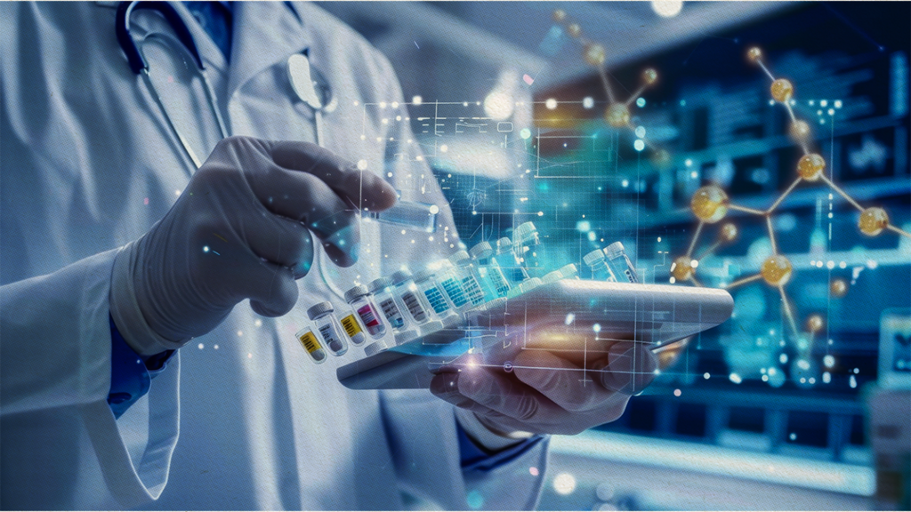 Doctor using tablet with holographic medical graphics and test tubes.