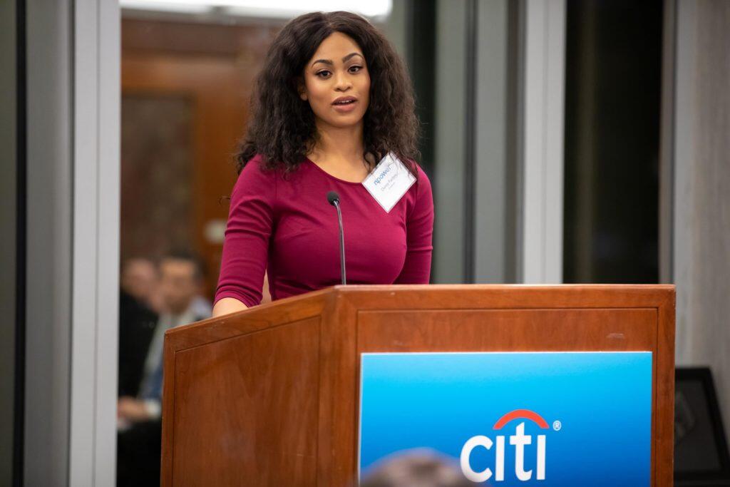 Daney speaking to fellow graduates at the NPower Tech Fundamentals Fall 2018 graduation