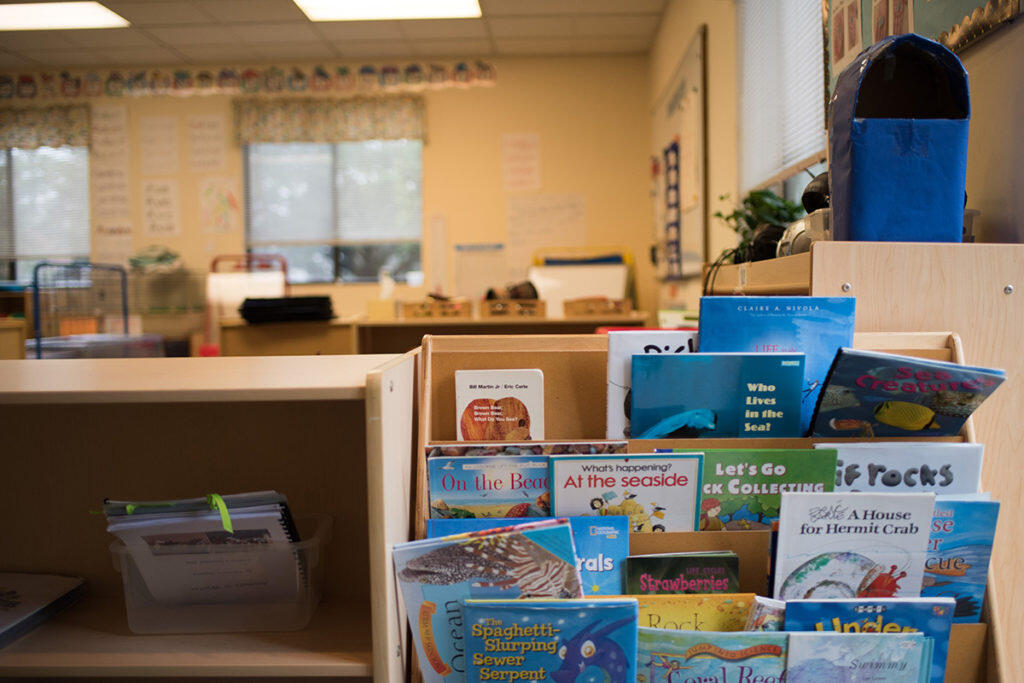 Books on a shelf in a classroom
